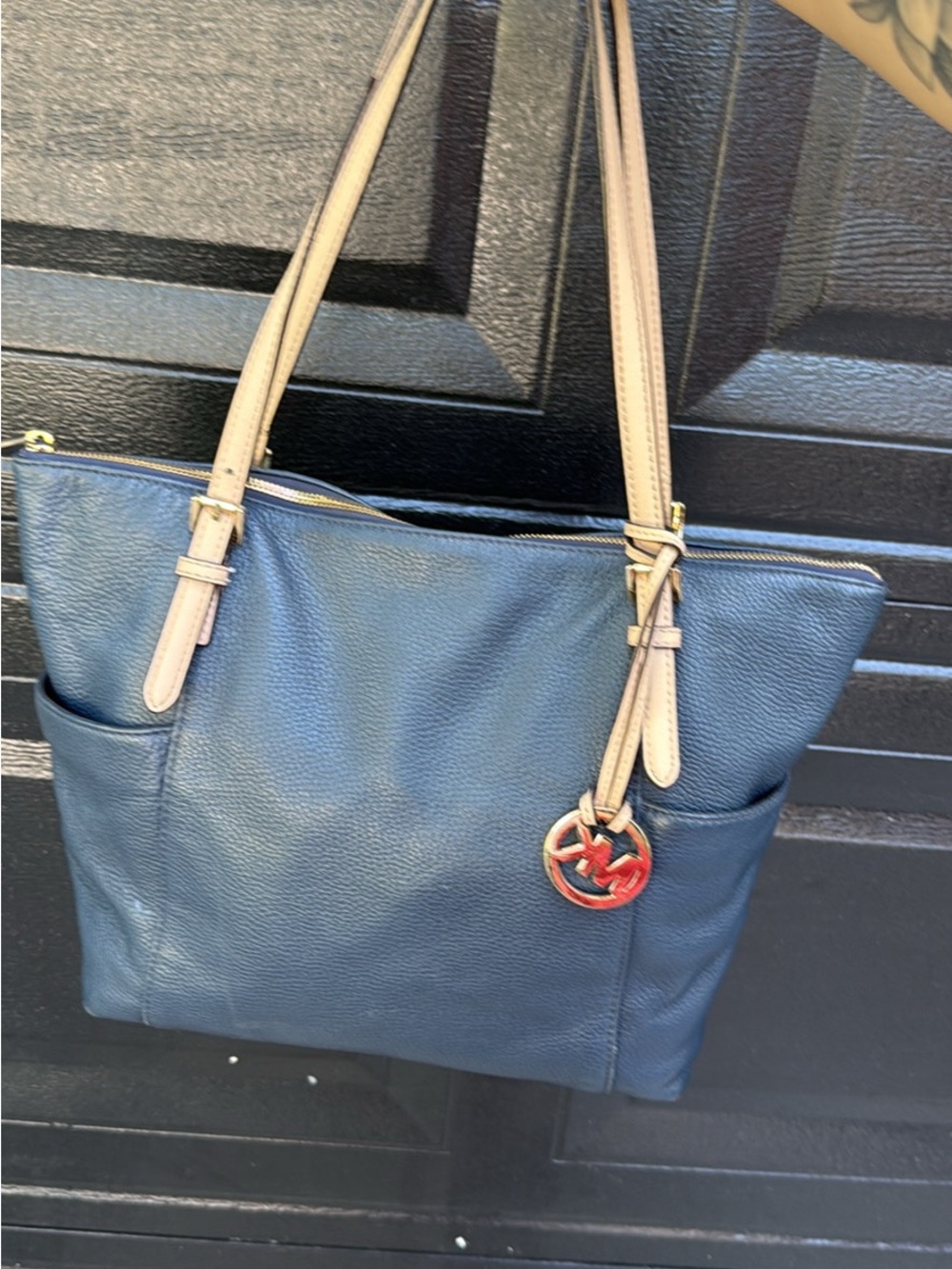 Michael Kors Navy Pebbled Leather Tote with Light Beige Straps